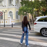 Pbong  Retro Hong Kong Sle High Waist Loose Straight Print Denim Pants Trendy Wide Leg Long Trousers for Women Cotton OL Commute