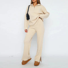 Women's trouser suits spring and autumn long sleeved sweaters short zipper stand collar casual street clothes Cosy Pants Set