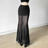 Pbong  Black Mesh Long Skirts Women Transparent Patchwork High Waisted Hip Wrap Skirts Coquette Party Slim Fit Sexy Club Skirt