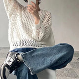 Women Mesh Top Oversized Long Sleeve T-shirts Crew Neck Loose Casual Knit Tees See-Through Openwork Knit Top Women Spring Summer