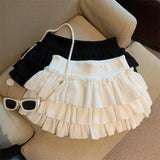Pbong  Sweet Puffy Cake Women Skirts Korean Fashion Ruched Ruffle Mini Skirt Campus Harajuku Casual Versatile Elastic Waist Solid Skirt