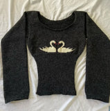 Black Pink sweater White Swan pattern New slim-fit Retro slim-fit narrow neck knit sweater jacket Fashion women's winter sweater