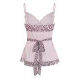 Pbong  Sweet Pink Leopard Printed Patched With Bow Camisole Y2K Aesthetics Girl's V-neck Lace Up Mini Sleeveless Tops Summer
