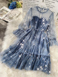 New Female O-neck Stars Sequined Mesh Shiny Fairy Dress Women Elegant Bling Gauze Princess Puff Dresses Vestidos De Fiesta
