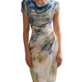 Pbong  Sexy Bodycon Midi Dress Women Summer Fashion Short Sleeve Floral Print Slim Dresses Elegant