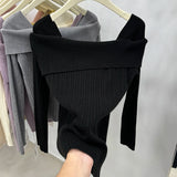Women Off the Shoulder Sweater Top Ribbed Knit Long Sleeve Pullover Fitted Plain Jumper Ladies Fall Winter Elegant Outfit