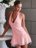 Halter Backless Sexy Mini Dress Women Robe Summer New Lace Patchwork Sleeveless V Neck High Waist Ruffled Dress