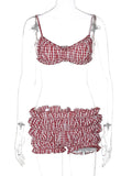 Sexy Backless Print Plaid Women Bikini Spaghetti Strap Top High Waist Pant Summer Vacation Elegant Party Beachwear