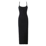 Eyelets Knit Tight Long Dress White Solid Color Women Dress For Summer Spring Square Collar Sleeveless Sexy Beach Party Dresses