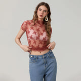 Women Lace Tops Short Sleeve Crew Neck See-through Sheer T-shirt Summer Casual Tee Shirts Clubwear