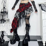 Gothic Irregular Hot Girl Plaid Skirt Women Summer Sweet Street Lace Stitching Multi-Layer Skirt American Y2k Skirt