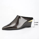 Pbong  New Designer Wedge Sandals Woman Luxury Patent Pointed Toe Heeled Slippers High Quality Mules Shoes Big Size 43
