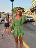 Unique Split Long Sleeves V Neck Woman Soft Mini Dress Sexy Lady Pleated Hem Green Short Dresses New Fall Beach Party Vestidos
