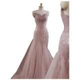 French Party Evening Dress Women's Tail Tail Tail Dress Pink Strap Elegant Host Long Style Adult Gift Customized Wedding Dress