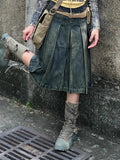 Oversize American Denim Blue Skirts  Autumn New Pleated A-line Skirt for Women Y2k Grunge Mid-length Faldas Mujer