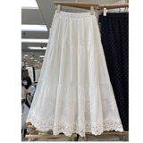 Pbong  White Embroidered Lace Cotton High Waist Midi Skirt Slimming Splice Cake Style Half-length Women's Spring Summer New Fashion