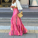 Pbong  Women's Summer Y2K Flowy Boho Vintage Aesthetic Printed Ruffled Hem Tassels Drawstring Waist Flowy A-Line Long Skirts