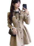Elegant Women Dresses Ruffled Collar Puff Sleeve Single Breasted Vestidos Femme Temperament Korean A-line Sweet Pleated Dress
