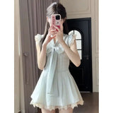 Pbong  Womens Sweet Ruffle Sleeve Bow Tie Front Mini Dress Lace Trim A Line Casual Cute Dress