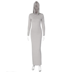 Hooded Long Sleeve Maxi Dresses For Women Tight Black Long Dress Plain Bodycon Autumn Winter Dress