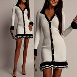 Pbong  Autumn Winter New Women's Clothing Elegant High Waisted Long Sleeved Ruffle Edge Knitted Dress Sexy V-neck Short Frock