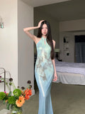 Butterfly Sleeveless Long Elegant Dresses For Woman Bodycon Halter Modest Maxi Ladies Mermaid Evening Dress Summer