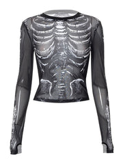 Skeleton Print Mesh Mall Gothic Women T-shirts Grunge Aesthetic See Through Sexy Crop Tops Emo Black egirl Alt Clothes