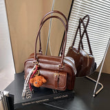 Pbong  Retro PU Shoulder Bag Korean Underarm Pouch Y2K Tote Handbag Large Capacity Top-Handle Bags Bowling Pillow Bag Causal Armpit Bag