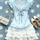 Pbong  Y2k Japanese Style Bow Kawaii 2 Piece Skirt Sets 2000s Slim Sweet Camis + Mini Skirts Harajuku Vintage Hot Girl Summer Suit Chic