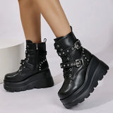 Pbong  Women's Gothic Chunky Platform Ankle Boots Thick Bottom Wedges PU Leather Combat Shoes Woman Rivet Buckle Decor Black Punk Boots