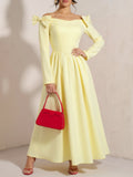 Pbong  Sweet Elegant Women Spring Summer Light Yellow One Shoulder Bow Dress Long Sleeve Waist Slimming Medium Length Princess Dress