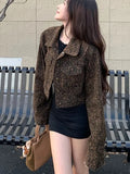 Y2K Cropped Leopard Denim Jacket Women Vintage Streetwear Long Sleeve Slim Short Coat American Harajuku Female Hip Hop Tops