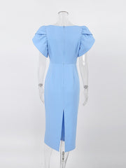 Elegant Blue Bodycon Dresses Women Puff Sleeves Ruched Long Dress Round Neck Office Ladies Split Dress Fashion