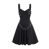  Women Summer Gothic Dress Plain Color Dress Grommet Buckle Chain Embellishment High Waisted Sleeveless A Line Midi Dress