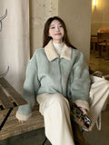 Faux Suede Lamb Jackets Women Winter Warm Thick Sweet Cute Short Coat Korean Vintage Loose Long Sleeve Preppy Style Tops