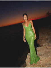 Green Sequin Glitter Backless Maxi Dress For Women Sexy Swing Collar Sleeveless Skinny Long Vestidos Elegant Night Party Robe