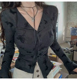 Korean Fashion Designer Butterfly Y2k Fashion Women Shirts Blouses Long sleeve Top Elegant Youth Clothing Sexy Shirt