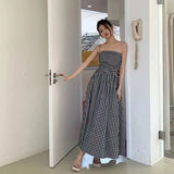 Vintage Plaid Dress Women Summer Korean Elegant Tube Top All-Match Midi Dress Y2K Folds Off Shoulder Holiday Beach Vestidos