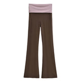 Pbong  Casual Yoga Pants Women ContrAst Wide Waistband Knitted Flare Leg Pants Pink Flared Leggings Sweat Black Pants Colorblock Ribbed