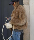 Women Fashion Thicken Short Faux Fur Jacket Chic V Neck Long Sleeved Plush Cardigan Coat Winter Elegant Female Warm Outerwear