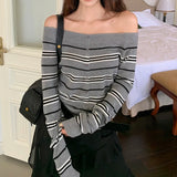 Long Sleeve Off Shoulder Stripe Knit Top for Women Button Front Off-the-Shoulder T-shirt Teen-girl Y2K Clothing