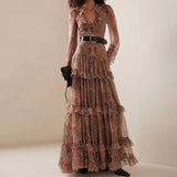 Autumn Casual Bohemia Dresses Elegant V-neck Ruffled High Waist Evening Dress Women Fashion Printed Mesh Pleated Long Dress