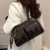 Pbong  Black Glossy Boston Underarm Bag with Pearl Bow Women's Daily Commuter Purse