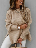 Chunky Knitted Mock Neck Sweater Side Slit Long Sleeve Pullover Female Knitwear Autumn Winter Women Casual Chic Outfit