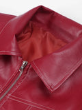 Women Red Lapel Zipper Leather Cropped Coat Autumn Casual Long Sleeve Patchwork Jacket 2023 Winter Fashion New Office Streetwear