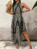 Pbong  Women's Halter Neck Chevron Print Maxi Dress - Loose Fit Summer Casual