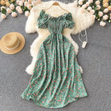 Pbong  Romantic Floral Print Long Dress  New Summer Off Shoulders Puff Sleeve Big Swing Women Dress Korean Party Vestidos