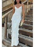 Three-dimensional Flower Knitt Backless Lace Up Vestidos Fashion V-neck Vacation Beach Long Dress Sexy Slim Party Dress 2024 New