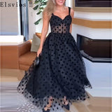 Women Patchwork High Waist Party Dress New Luxury Mesh Suspender Folds A-line Dress Temperament Polka Dot Slim Long Dress