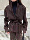Elegant Women's Belt Suede Jackets Lace Up Lapel One Button Long Sleeve Coat 2025 Autumn Lady Vintage Loose Street Outwearrs